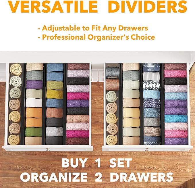 SpaceAid Bamboo Dresser Drawer Dividers 6 Pack, 4.65“ High Adjustable 12.5“-17” Drawer Organizers, Expandable Organization for Clothing, Clothes, Dressers, Black