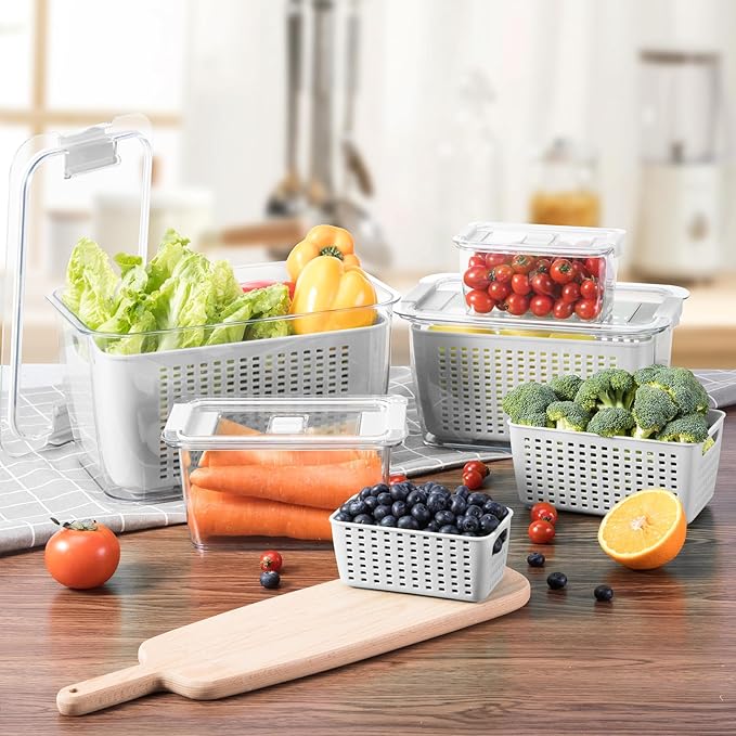 LUXEAR 4 Pack Fruit Vegetable Containers for Fridge, Produce Saver Container with Lids &Removable Colander BPA-free Refrigerator Storage Organizer for Fruit Vegetable, Berry, Meat keep Fresh Longer
