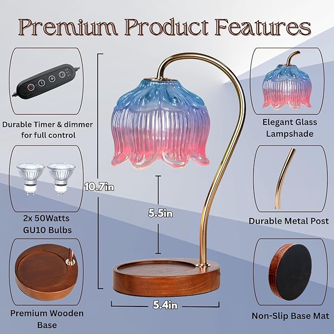 Candle Warmer Lamp with Timer, Dimmable Wax Melt Lamp for Large & Standard Jar Candles, Includes 2 GU10 Bulbs, Elegant Vintage Home Decor Gift for Women & Mom (A1-Blue Pink Lotus)
