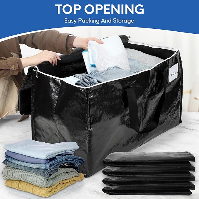 2-Pack Extra-Large Heavy-Duty Storage Totes with Reinforced Handles, Durable Zippers & Waterproof Material — Perfect for Space-Saving, Moving, Shipping and Travel (Black)