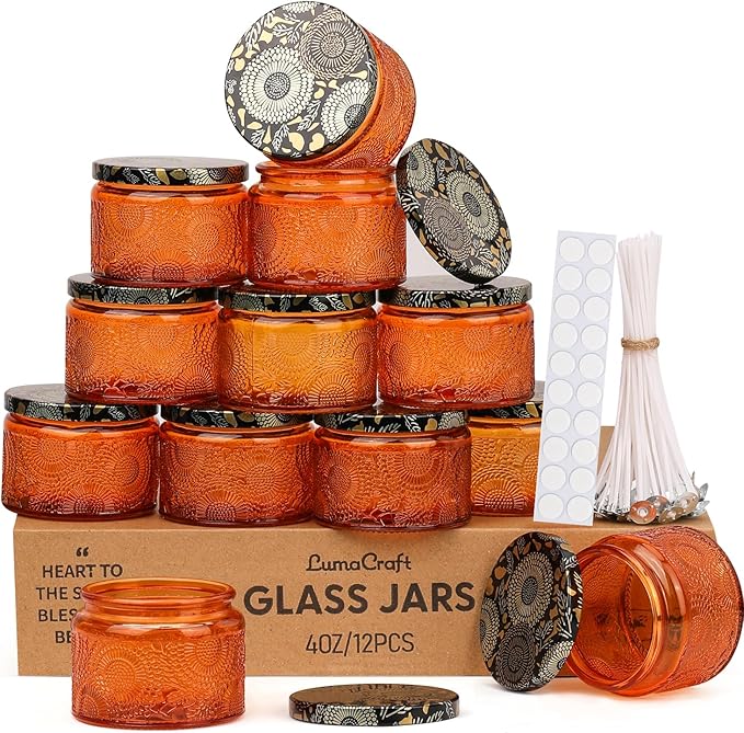 LumaCraft Luxury Embossed Glass Candle Jars for Making Candles - 12 Pack Empty Candle Containers with Airtight Metal Lids, 20 Wicks & 20 Stickers, Colored Glass Jars for Gifts & Decor-4OZ