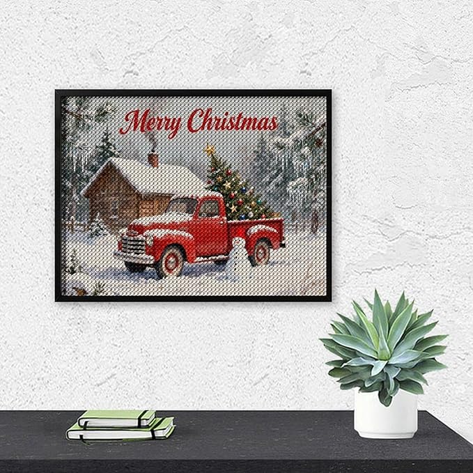 AIVKIEJK Diamond Painting Kits for Adults - Christmas Red Truck with Snowman, Snowy Cabin & Tree Painting DIY 5D Full Drill Diamond Dots Paintings with Diamonds Gem Art and Crafts Home Decor 12"x16"
