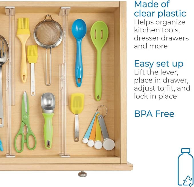 iDesign Plastic Adjustable Deep Drawer Dividers for Kitchen or Dresser Drawers - Set of 4 - Clear