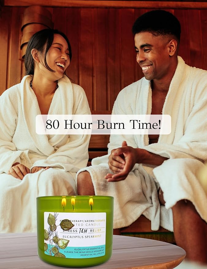 Eucalyptus Spearmint 3-Wick Soy Candle | 80 Hour Burn | 15.8 oz Aromatherapy Scented Candle for Home | Fresh Herbal Spa Scent | Gift Ready