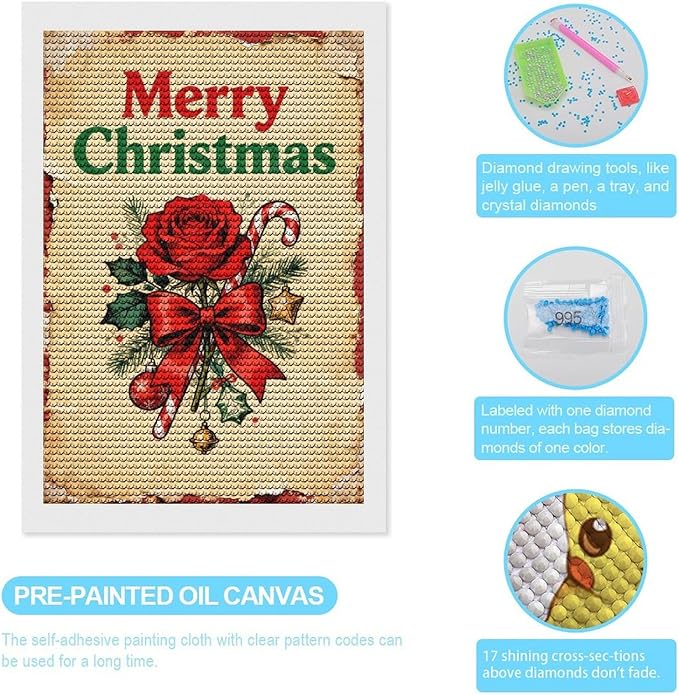 AIVKIEJK Diamond Painting Kits for Adults - Merry Christmas Santa, Holly & Vintage Painting DIY 5D Full Drill Diamond Dots Paintings with Diamonds Gem Art and Crafts Home Decor 8"x12"