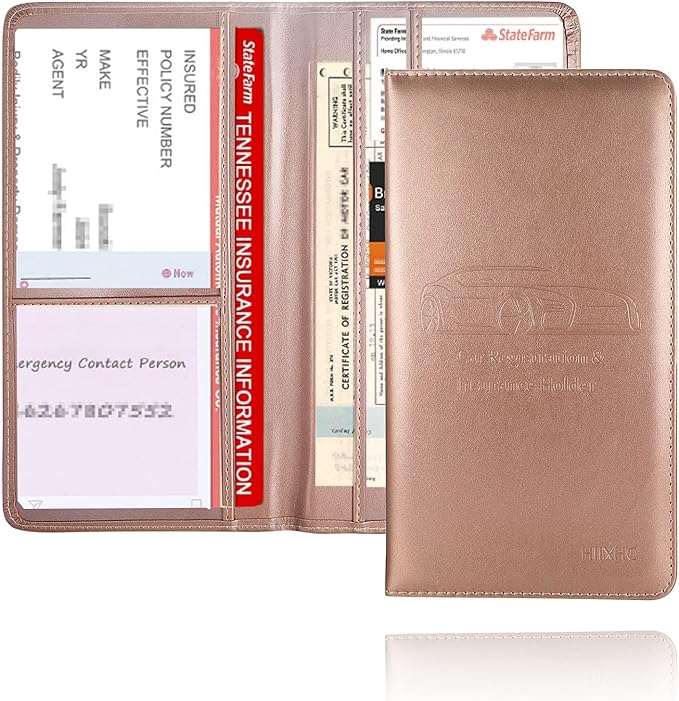 Car Registration and Insurance Card Holder - Leather Vehicle Glove Box Automobile Documents Paperwork Wallet Case Organizer for ID, Driver's License, Key Contact Information Cards - Men&Women