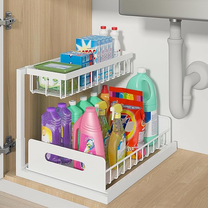 Under Sink Organizer, 1 Pack Pull Out Bathroom/Kitchen Under Cabinet Organizers and Storage, 2 Tier Metal Slide Out Under Kitchen Sink Storage Bathroom Undersink Organizers for Laundry Room