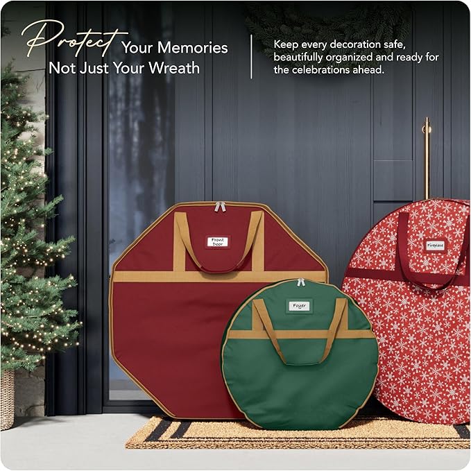 Covermates Keepsakes Deluxe Wreath Storage Bag – Heavy-Duty Polyester with Buckle Strap & Structured Interior – Protective Holiday Organizer with Handles, D-Ring & Label Window, Red
