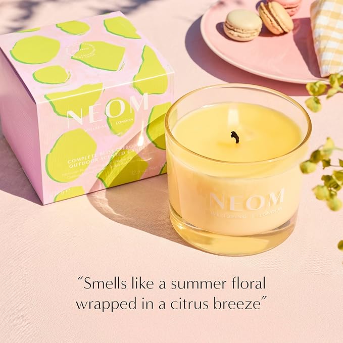 NEOM- Complete Bliss Citronella Outdoor Candle | 1 Wick I 100% Natural Wax I Hand-Finished I Moroccan Blush Rose, Lime, Black Pepper and Added Citronella