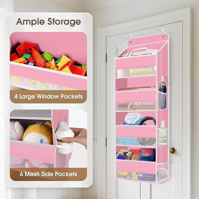 SpaceHacks 1 Pack Over The Door Organizer Hanging Storage Organizers with Clear Window 40lb Large Capacity Room Organizer for Pantry Laundry Bathroom Nursery Closet(Pink)