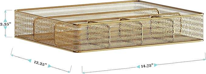 Martha Stewart Ryder Gold Mesh Metal 6 Compartment Large Desk Drawer Organizer for Accessories and Office Supplies