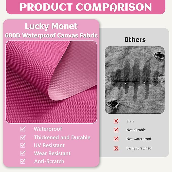 Waterproof Marine Canvas Fabric by The Yard 58" W 600D PVC Backing Water-Resistant Polyester Fabric Upholstery Material for Outdoor Indoor Marine Awning Tent Boat Furniture Cover DIY, 10 Yards Pink