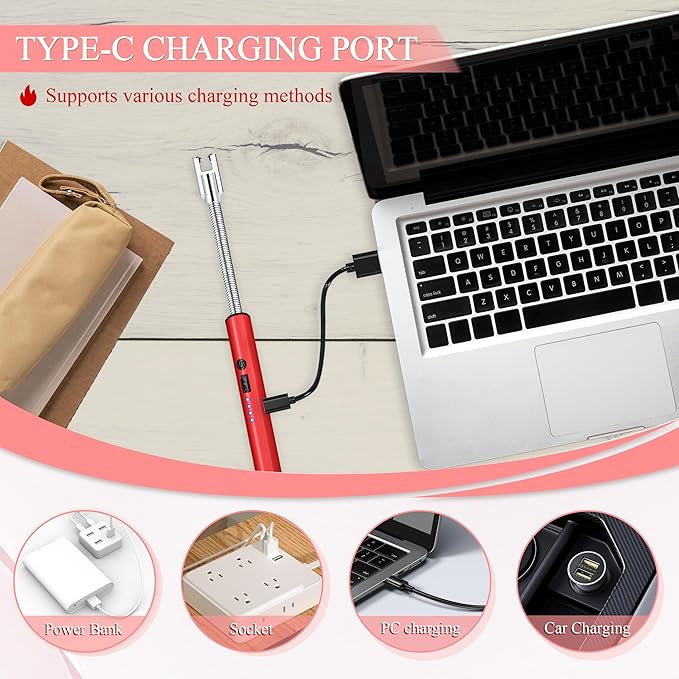 Electric Lighter, Candle Lighter Flameless Windproof with 360° Flexible Neck & LED Power Display, Type C Arc Rechargeable Lighters for BBQ, Camping, Cooking, Gift for Christmas, Thanksgiving, Birthday