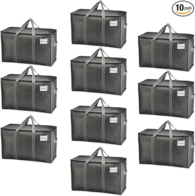 VENO 10 Pack Heavy Duty Moving Bags, Extra Large Storage Bags with Reinforced Handles & Strong Zippers, Foldable & Reusable Moving Box Alternative for Clothes & Dorm Storage