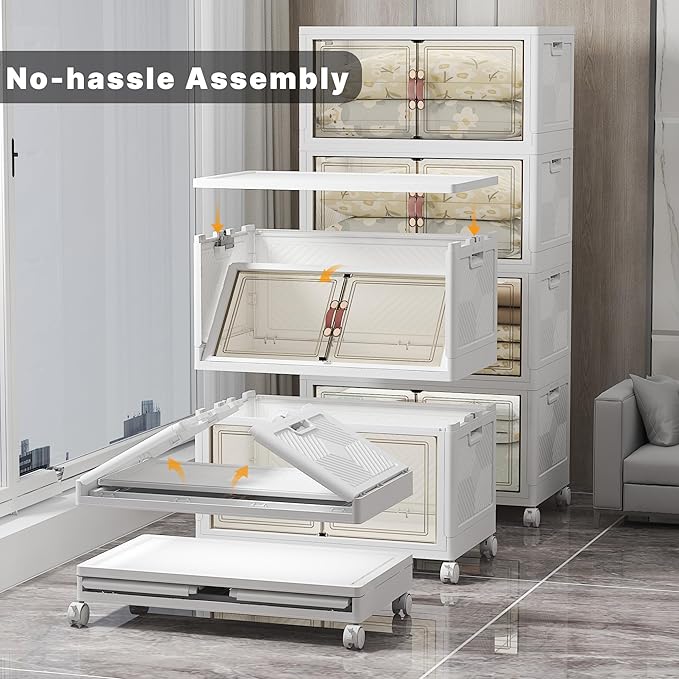 Stackable Storage Bins with Lids, 640QT Closet Organizers and Storage with Doors and Wheels, Extra Large Storage Cabinet, Collapsible Plastic Drawers for Bedroom Dorm Office