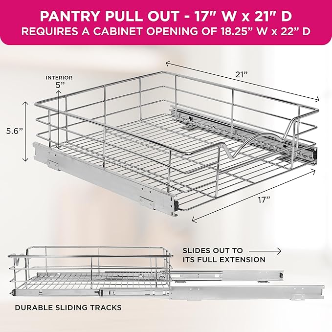 HOLDN’ STORAGE Pull Out Cabinet Organizer, Slide Out Drawer for Kitchen Cabinets & Pantry, Roll Out Shelf for Pots, Pans & Under Sink Storage, Heavy-Duty Full-Extension, 17" W x 21" D x 5" H