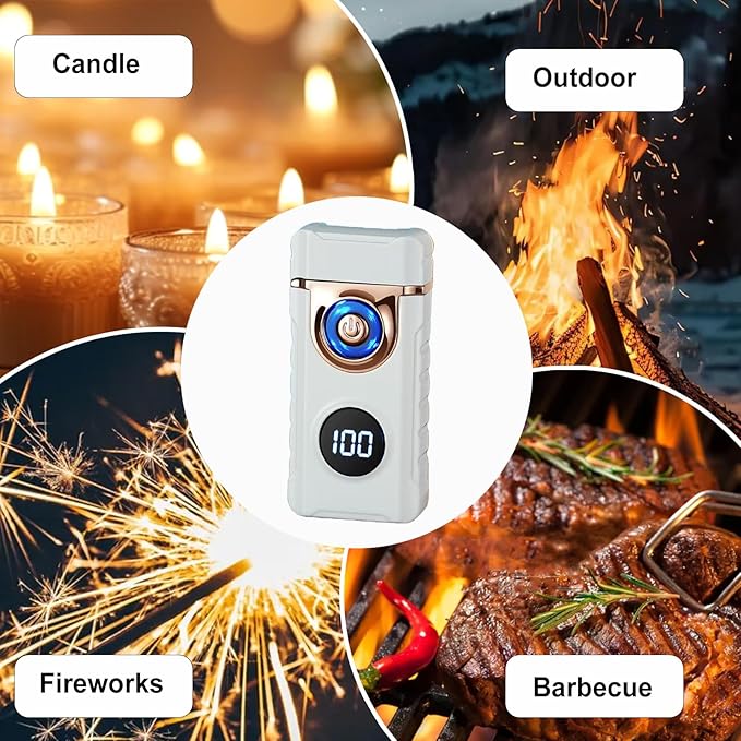 Electric Lighters Plasma Lighters Rechargeable with with LED LED Display and LED Emergency Lights Windproof USB Rechargeable Lighter Cool Lighte for Candle,Camping,Gift(Luminous White)