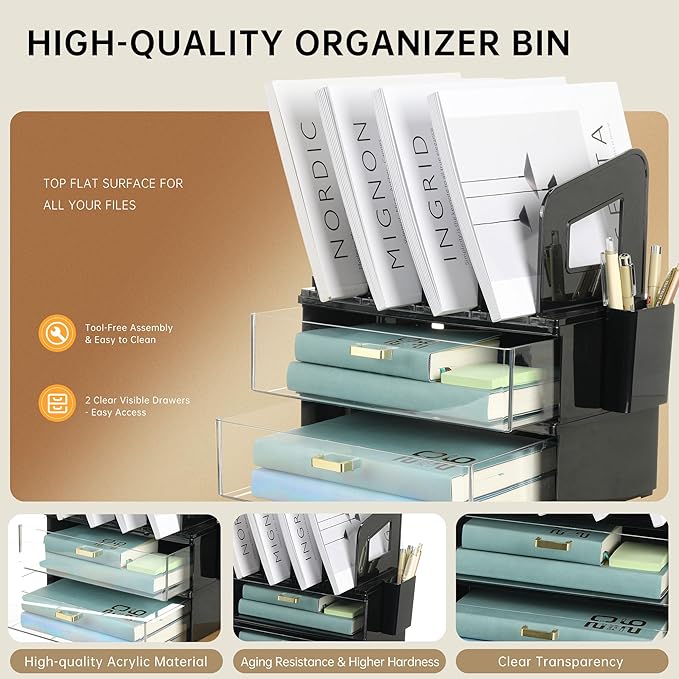 CiWiVOKi Desk Organizer with 4 File Holder Slots, 2 Clear Drawers & Dual Pen Holders, Multi-Functional Office Supplies Desktop Storage for Home Office, Space-Saving Mail Sorter & Caddy, Black