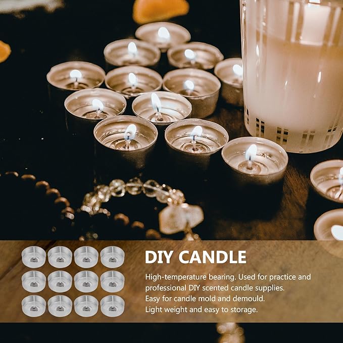 DOITOOL 100 Pcs Aluminum Tea Lights Cups, Round Empty Case Candle Wax Containers Candleholder, Metal Tea Light Tins with 100 Pcs Candle Wicks for Christmas Wedding Holiday Table Decoration