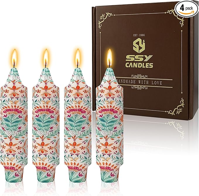 5 inch Short Candle Floral Candle Sticks Printed Candlestick Handmade Unscented Taper Candle 4 Pack Retro Flower Tapered Candles for Home Dinner Wedding Holiday