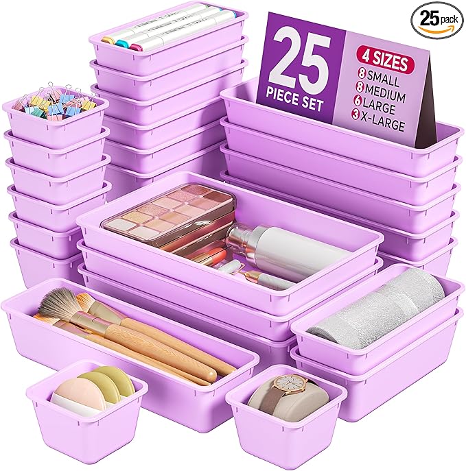 KEMETHY 25 PCS Plastic Drawer Organizers Set, 4 Sizes Vanity Organizer, Makeup and Desk Drawer Organizer Trays, Organization and Storage for Makeup, Bathroom, Kitchen Utensils and Office (Purple)