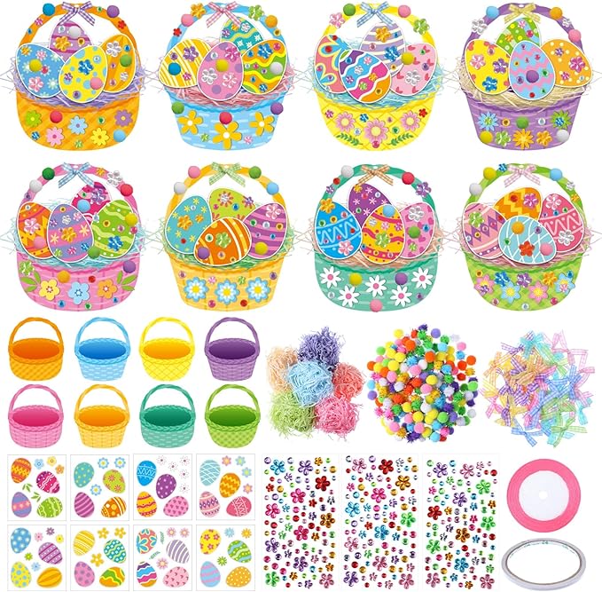 Funrous 48 Sets Easter Crafts Kit Easter Basket Egg Paper Crafts DIY Make Your Own Basket Hanging Ornaments Decorations with Pompoms Diamond Stickers Spring Classroom Activity Arts Gifts Party Favors
