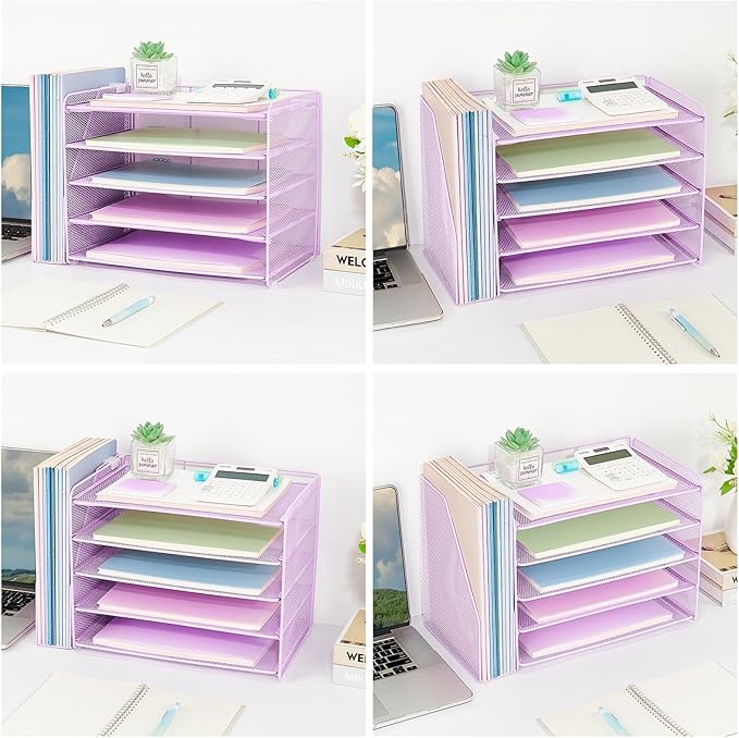 OPNICE Desk Organizer, 5-Tier Paper Organizer Letter Tray with Magazine Holder, Office Desk Accessories & Workspace Organizers, Desktop File Organizer for Office Supplies Storage, Purple