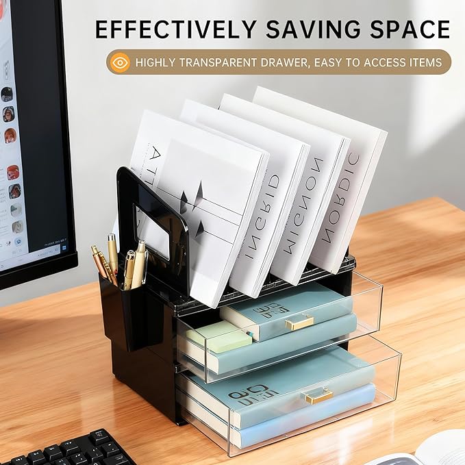 CiWiVOKi Desk Organizer with 4 File Holder Slots, 2 Clear Drawers & Dual Pen Holders, Multi-Functional Office Supplies Desktop Storage for Home Office, Space-Saving Mail Sorter & Caddy, Black
