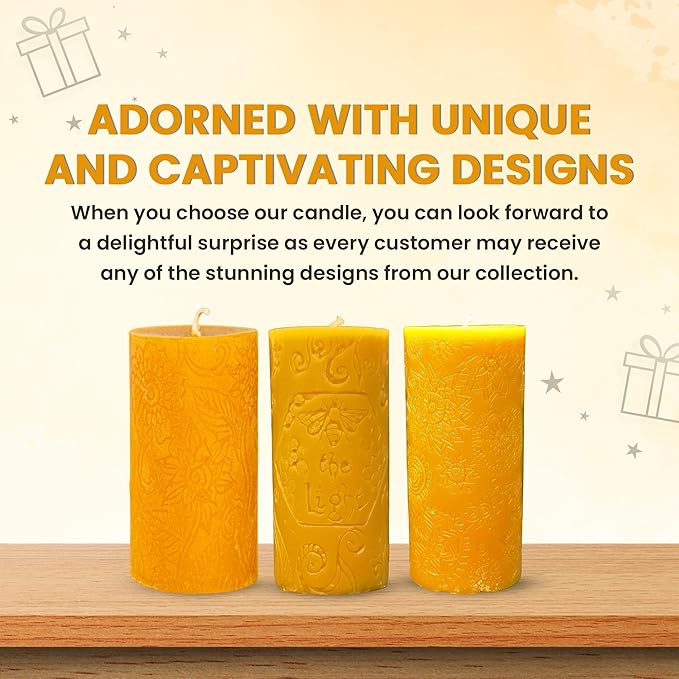 BeeTheLight Beeswax Pillar Candle - 100% Pure Bees Wax - Choose Your Size and Color - Up to 72 Hour Burn Time - Approx. 2x3, 3x4, 3x6 - Unscented - Natural Light Honey Scent (Natural Yellow, Large)