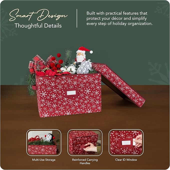 Covermates Keepsakes Treasurekeeper Storage Box – Heavy-Duty Polyester with Sturdy Interior Walls – Stackable Holiday Storage with Handles & ID Window, Red Snowflake
