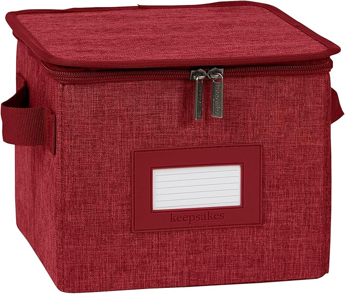 Covermates Dish Storage Box – China & Dinner Plate Storage Container with Dual Zippers, Reinforced Handles, ID Window & Stackable Structured Walls for Dishware Organization, Red Heather