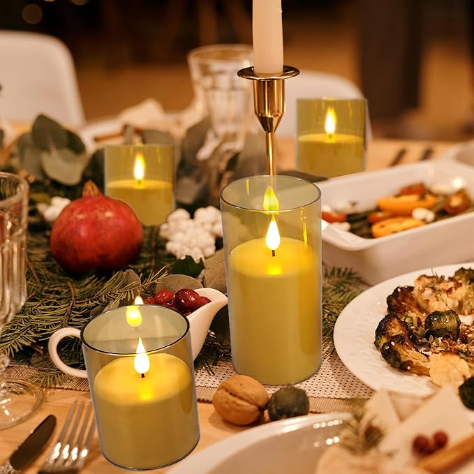 NICEME Amber Flickering Flameless Candles Battery Operated Acrylic LED Pillar Candles with Remote Control and Timer Flameless Halloween Candles for Thanksgiving Christmas New Year Home Decor, Set of 5