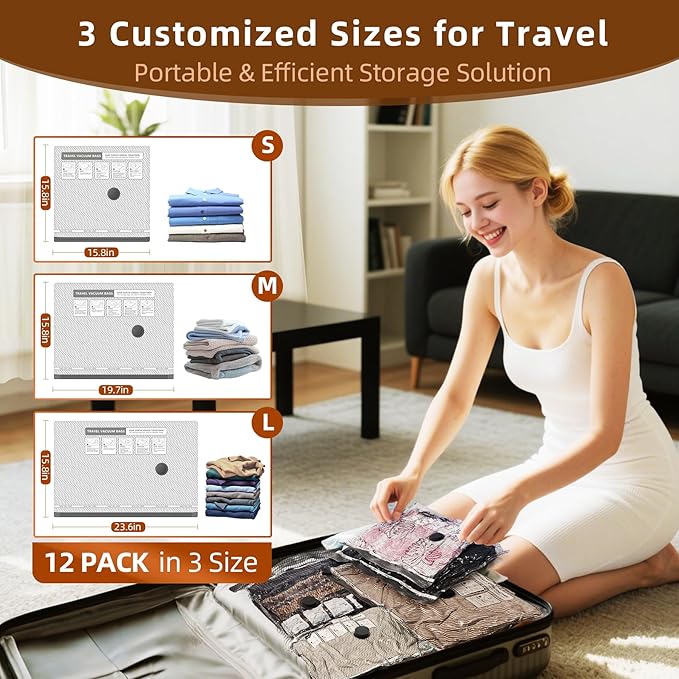 12 Pack Vacuum Bags for Travel with Rechargeable Air Pump & LED Light,Vacuum Travel Bags,Vacuum Storage Bags(4L+4M+4S),80% Space Saver Vacuum Seal Bags for Blankets,Comforters,Luggage