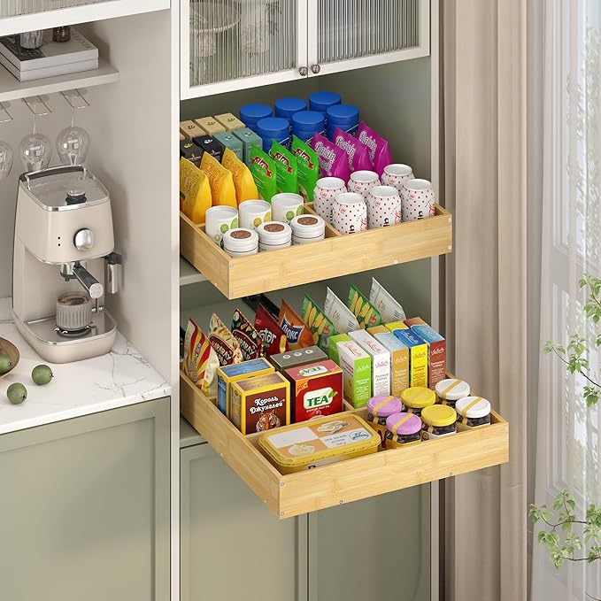 No Drill Pull Out Drawers for Cabinets, 20" W x 21" D Bamboo Adhesive Cabinet Organizer, Slide Out Shelves for Kitchen Pantry Bathroom Storage