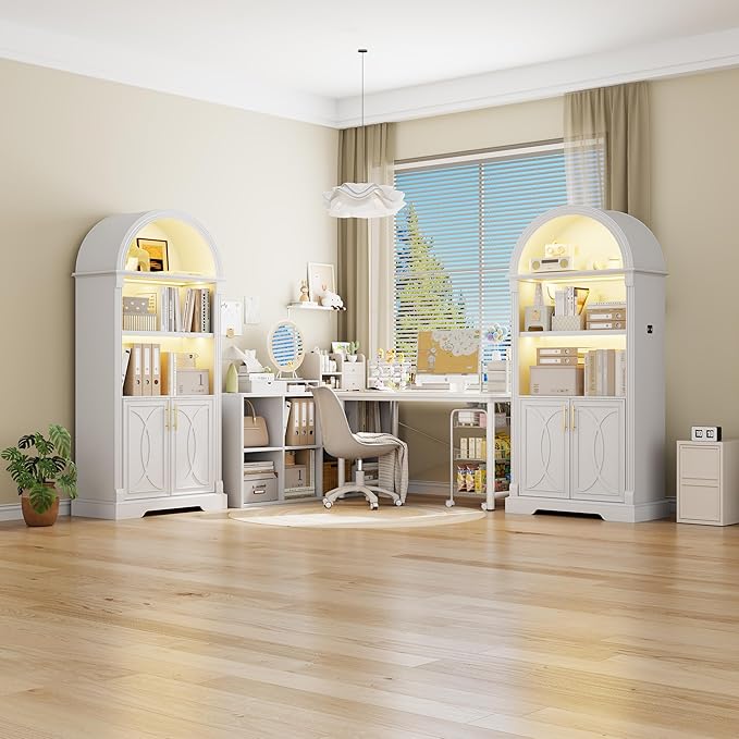 Vlsrka 71" Tall Arched Kitchen Pantry Cabinets, Wood Kitchen Storage Cabinets/Arched Bookshelf/Bookcase,China Cabinet with Open & Adjustable Shelves, Induction LED Light (White 2 PCS)