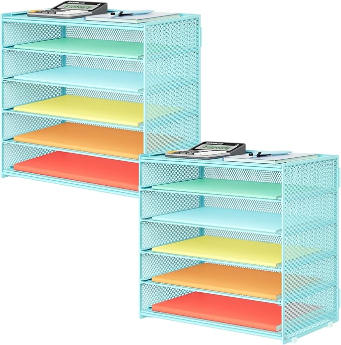 2 Pack 6 Tier Paper Organizer, Metal Mesh Desk File Folder, Letter Tray Organizer, Paper Sorter Desk Organizers for Office, Home or School File Folder Holder - Blue