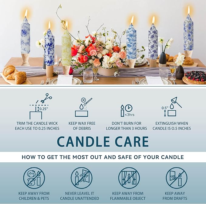 5 inch Short Candle Blue Floral Candle Sticks Printed Candlestick Handmade Unscented Taper Candle 4 Pack Blue Flower Tapered Candles for Home Dinner Wedding Holiday