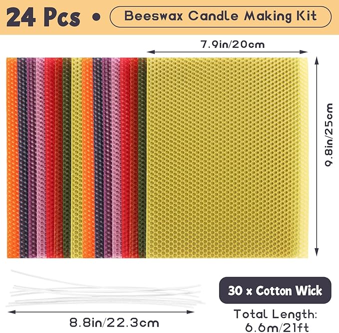 LDHHYH 24pcs 8 x 10 Inch Beeswax Sheets for Candle Making, 8 Colorful Beeswax Candle Making Kit for Adults, Honeycomb Sheet with Cotton Wick for DIY Craft Gift