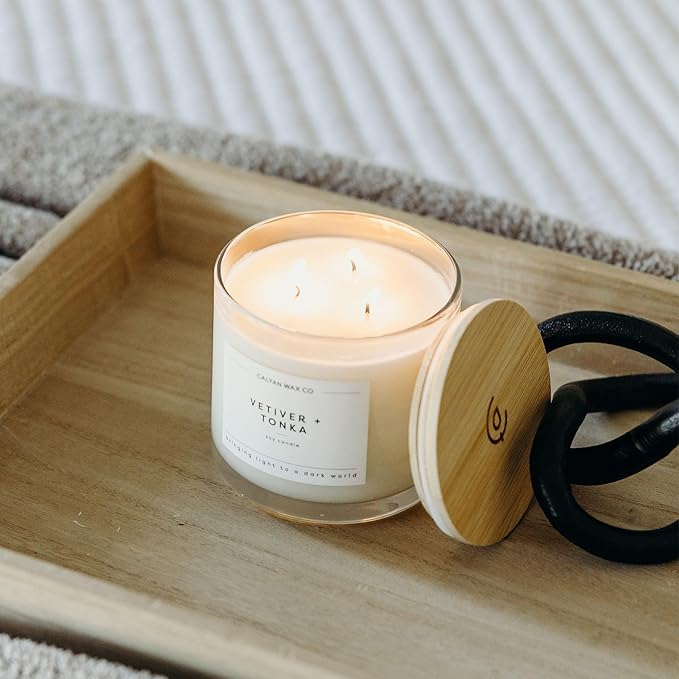 Calyan Wax Co. Vetiver & Tonka 3 Wick Scented Candle - 43 Hour Burn - Luxury 3 Wick Soy Candles - Non Toxic Soy Wax Candles - Long Lasting Large Glass Jar Candle for Home - 14.9oz