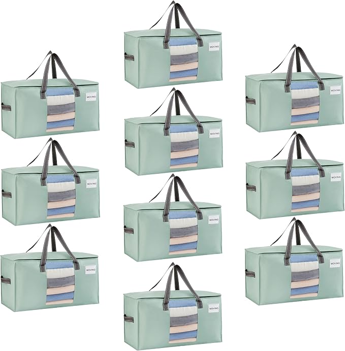 VENO 10 Pack Heavy Duty Moving Bags, Clothes and Comforter Storage Bags with Clear Window, College Dorm Essentials Packing Supplies, Foldable Boxes Alternative (Light Green Matte, 10 Pack)