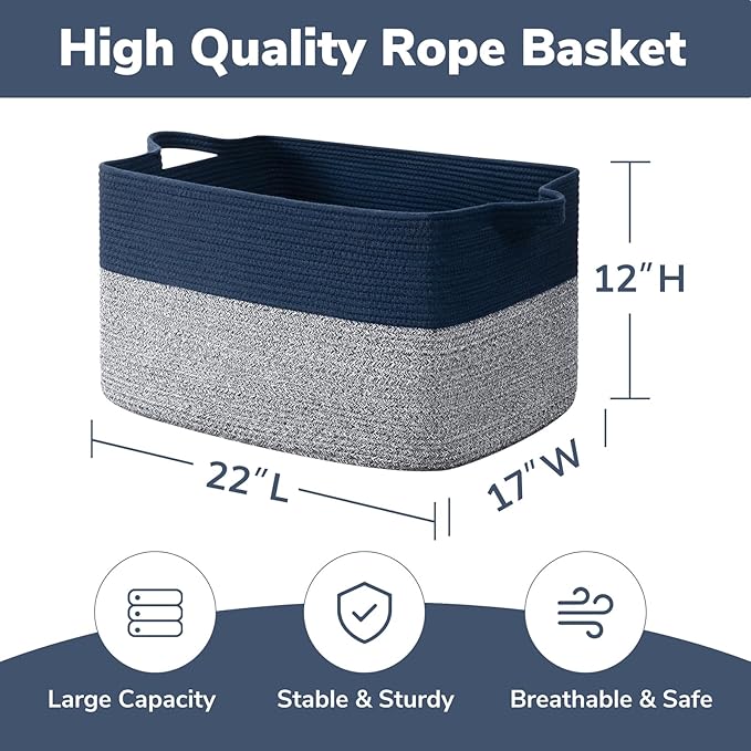 Goodpick Large Blanket Basket 22" x 17" x 12" Woven Storage Baskets for Organizing, Decorative Cotton Rope Basket for Living Room Home Decor, Toy Baskets for Kids, Mixed Blue