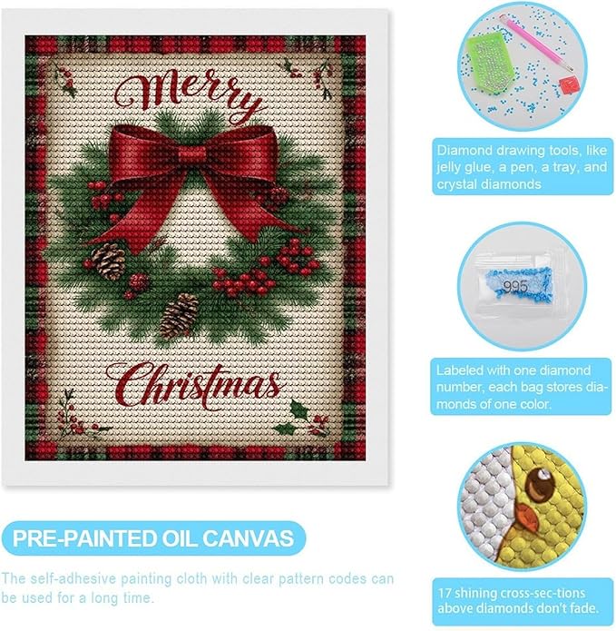 AIVKIEJK Diamond Painting Kits for Adults - Merry Christmas Red Bow & Pine Cones Painting DIY 5D Full Drill Diamond Dots Paintings with Diamonds Gem Art and Crafts Home Decor 16"x20"