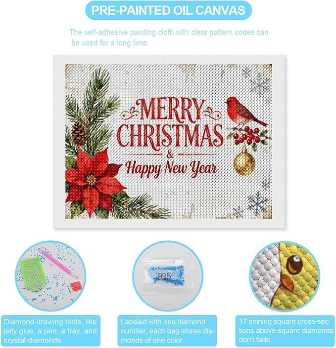 AIVKIEJK Diamond Painting Kits for Adults - Merry Christmas & Happy New Year Painting DIY 5D Full Drill Diamond Dots Paintings with Diamonds Gem Art and Crafts Home Decor 12"x16"