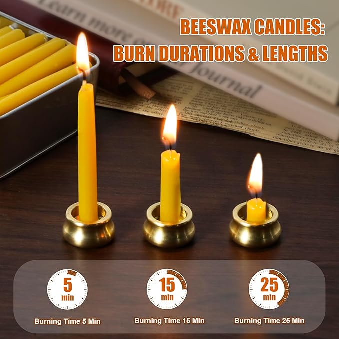 40 PCS 30 Minute Beeswax Taper Candles Natural Smokeless Mini Pure Beeswax Candles with Brass Candle Holders for Home Meditation Prayer