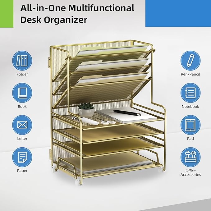 MINDEPOT 4-Tier Paper Organizer + 3-Pocket File Holder + Drawer + Pen Holders, Desktop File Organizers Paper Tray for Office Supplies School Classroom Organization (Gold, no Drawer & Pen Holder)