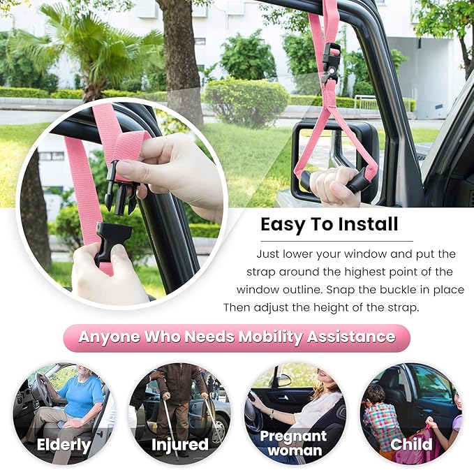 E-cowlboy Auto Cane Grab Aid - Adjustable Standing Aid Safety Handle Portable Vehicle Support Grab Bar Nylon Grip Mobility Assist Device (Pink 2 Pack)
