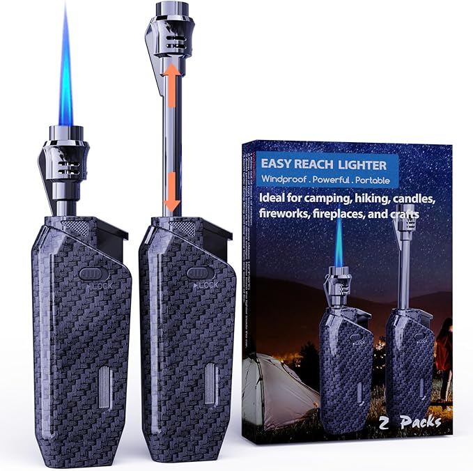 Long Torch Lighter with Extended Tip, Jet Flame Windproof Lighter Butane Refillable, 2 Pack Adjustable Butane Lighters for Candle Fireplace Camping BBQ Lighters Gift for Man Women (Without Fuel)
