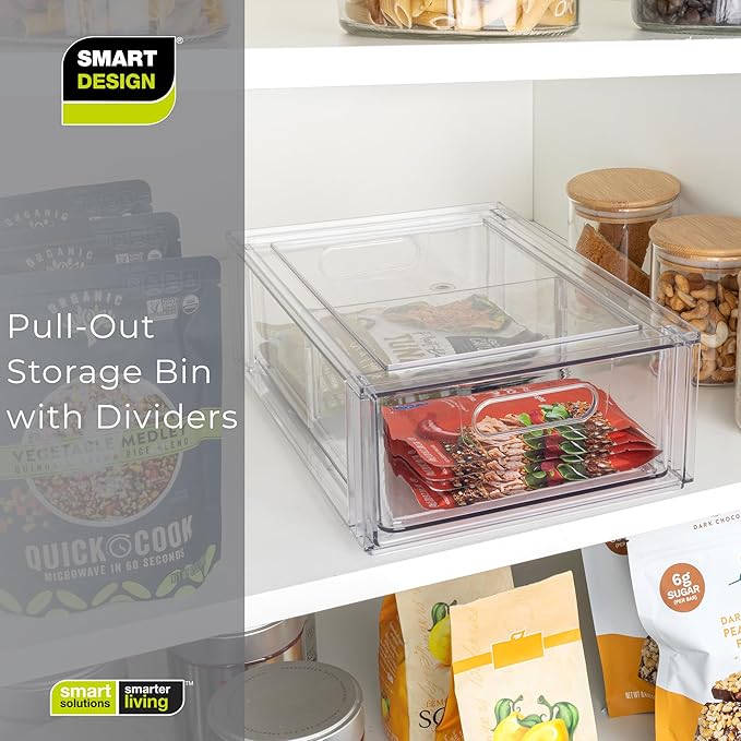Smart Design Pull-Out Stackable Storage Bin with Removable Dividers - Small - 12.5" D x 8.35" W x 4.13" H - Clear