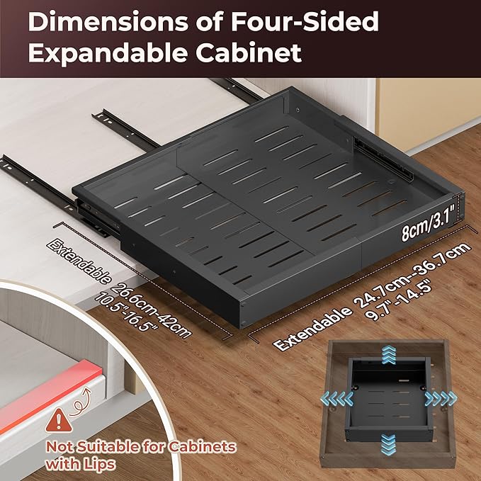2 Pack Pull Out Cabinet Organizer, Drawers Slide Out Expandable Width (10"-15") and Depth (11"-17") With 3 Slides, Fixed with Adhesive Film and Nail for Cabinets in Kitchen, Pantry or Bathroom - Black