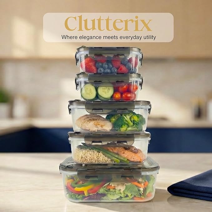 BPA-Free Plastic Airtight Food Storage Containers with Vented Lids, 5-Pack Assorted Sizes (2×1.7, 2×3.4 & 1×5.9 Cups) for Meal Prep and Leftovers
